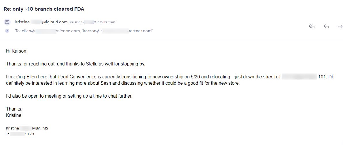 Retailer reply from Sesh Products